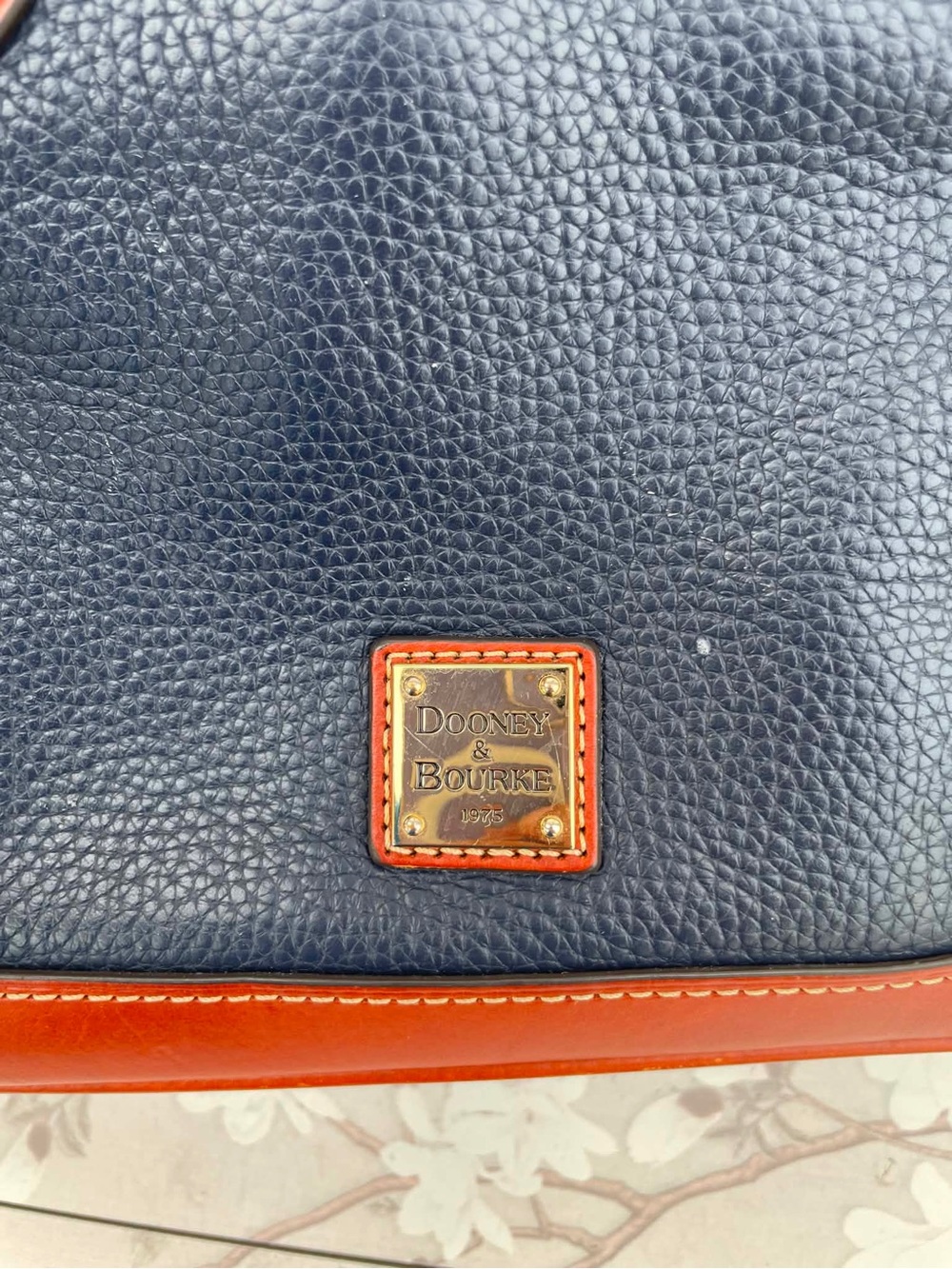 Dooney & Bourke Navy Pebble Leather Satchel with Brown Trim and Strap - Picture 11 of 14